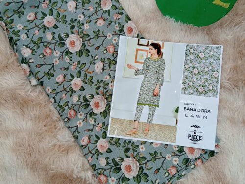 Gray Green with folowers Bana Dora Lawn 2-piece unstitch suit