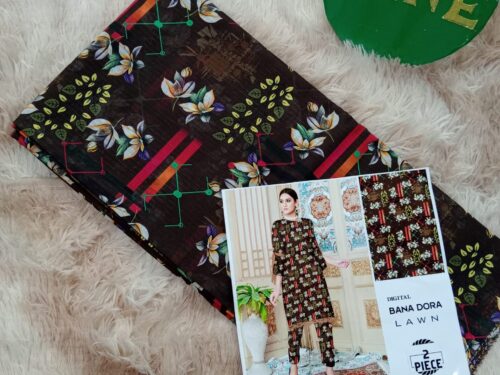 Brown with folowers Bana Dora Lawn 2-piece unstitch suit