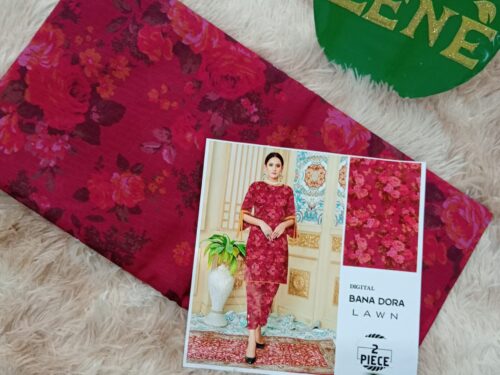 Red mehroon with folowers Bana Dora Lawn 2-piece unstitch suit