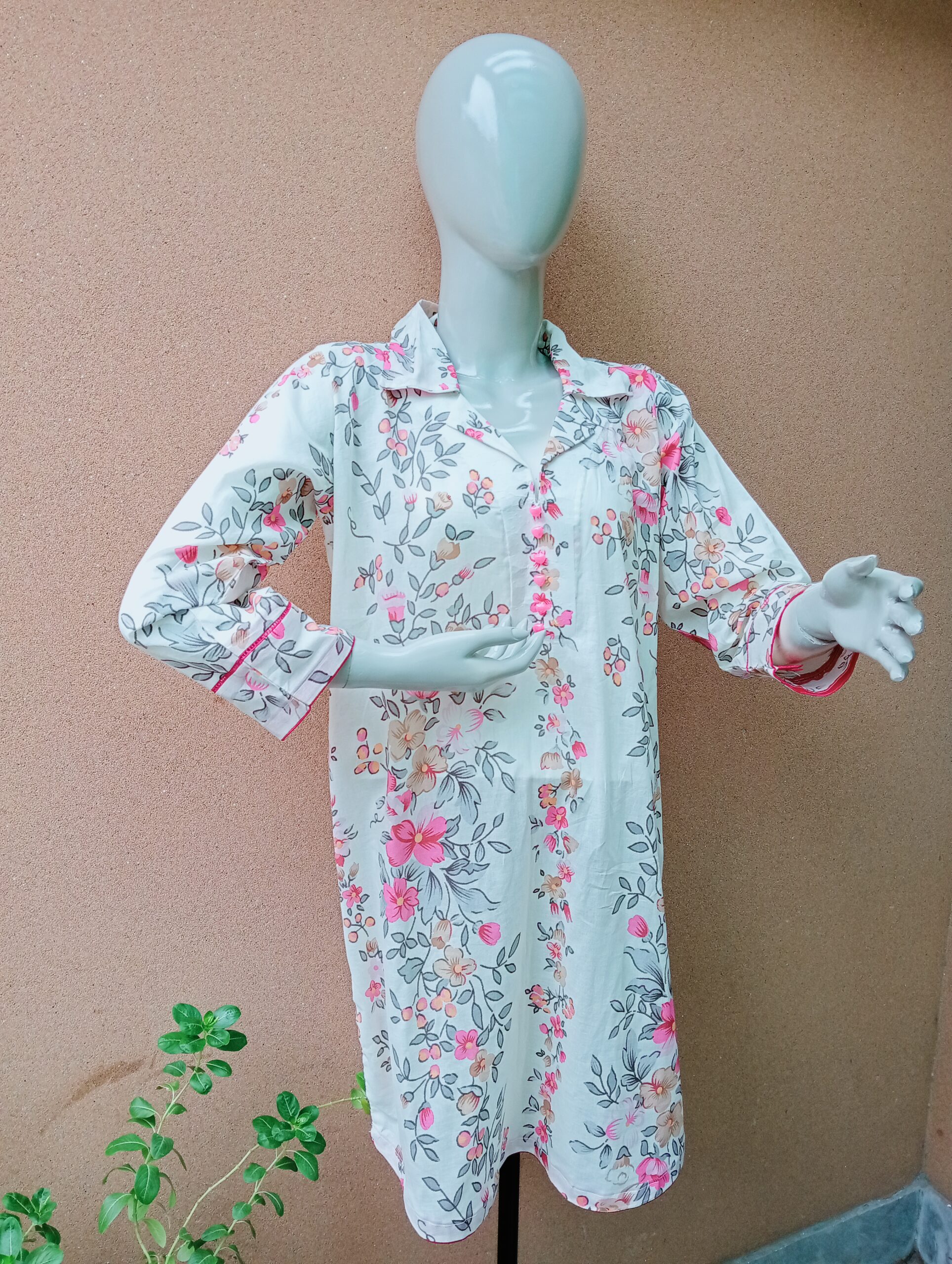 white and pink stitch lawn kurta