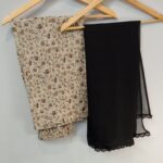 black and printed 3 piece stitched dress with plain dopata