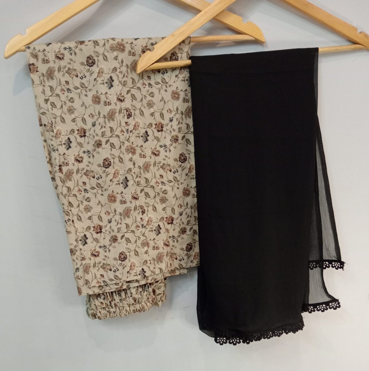 black and printed 3 piece stitched dress with plain dopata