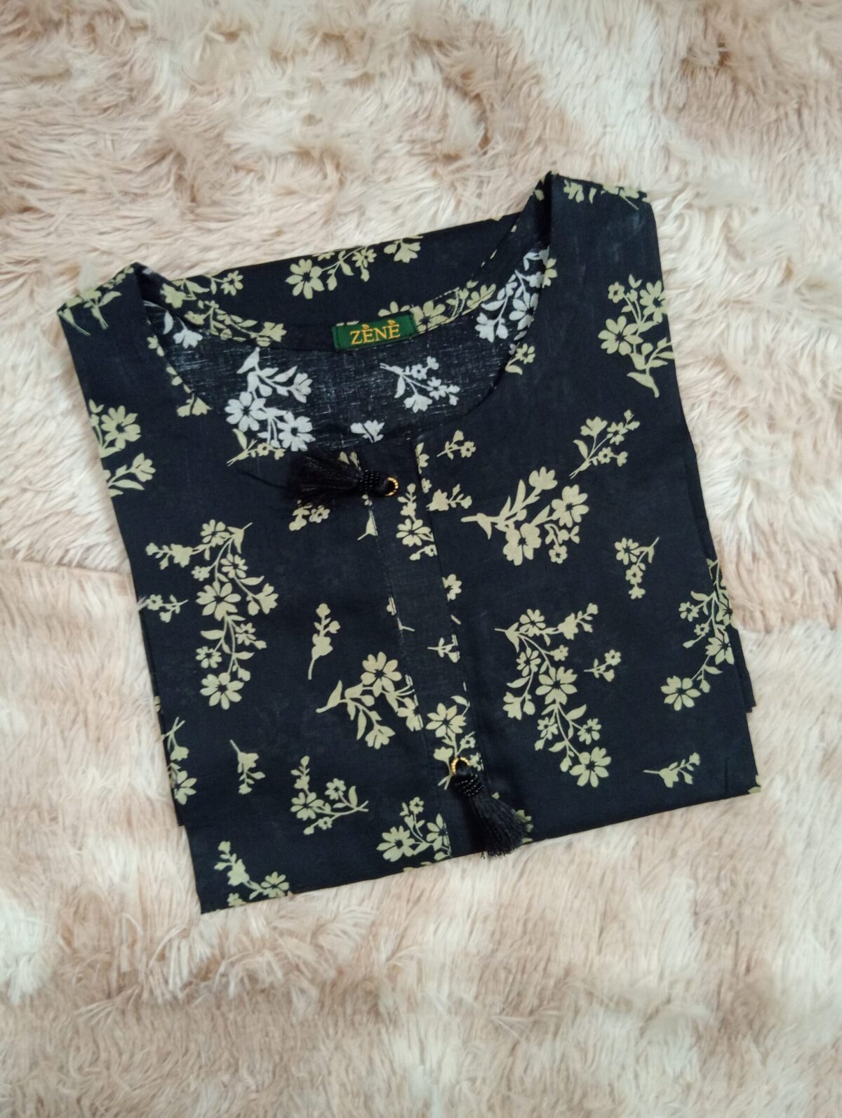 black Kurta with Skin flowers