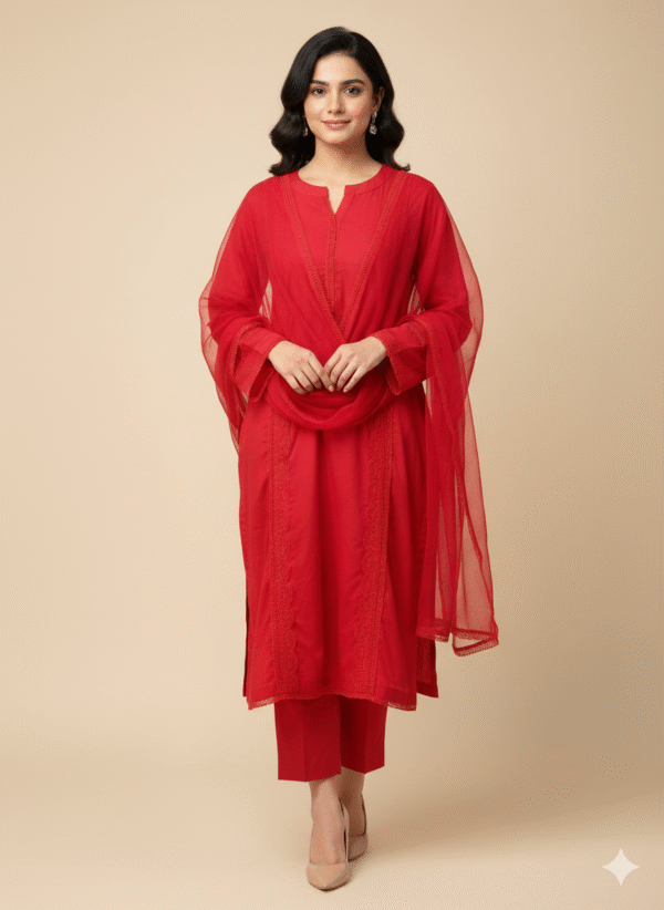 Red 3 piece solid Lawn stitched