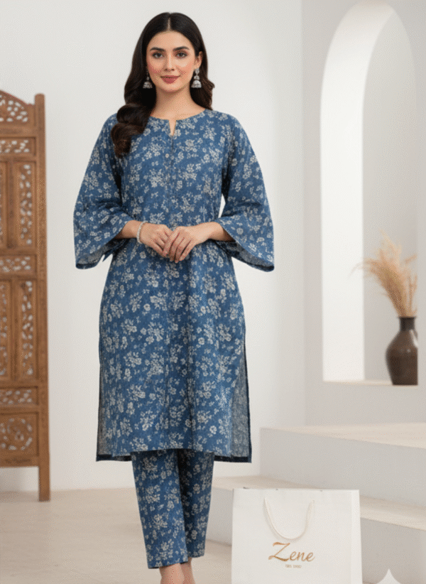 Blue with white flower 2 Piece Khaddar
