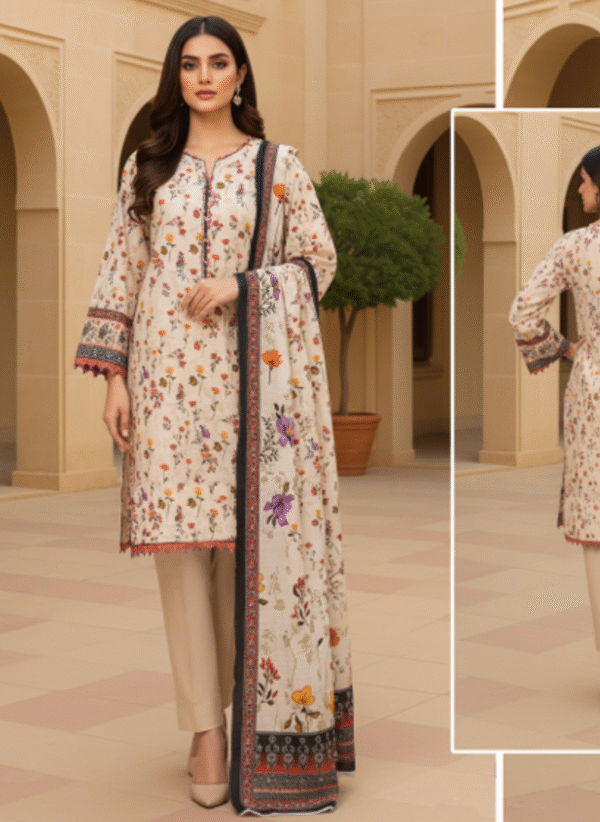 White 3 Piece Khaddar