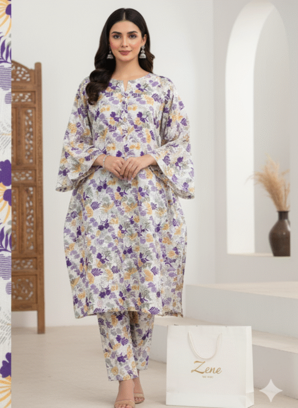 White with Puple FLower 2 Piece Khaddar
